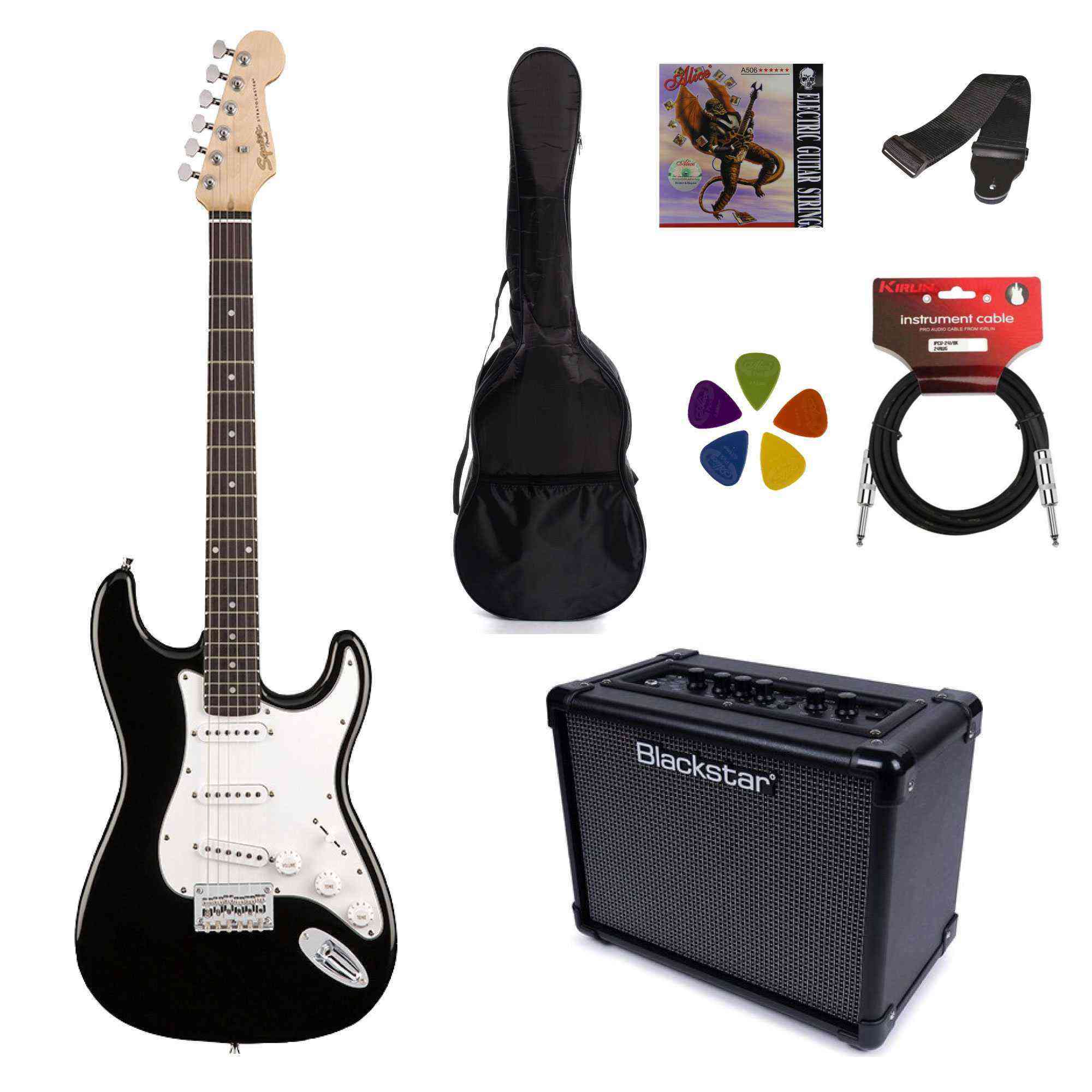 Squier MM Strat BK + Blackstar ID:CORE 10 Elektro Gitar Paket